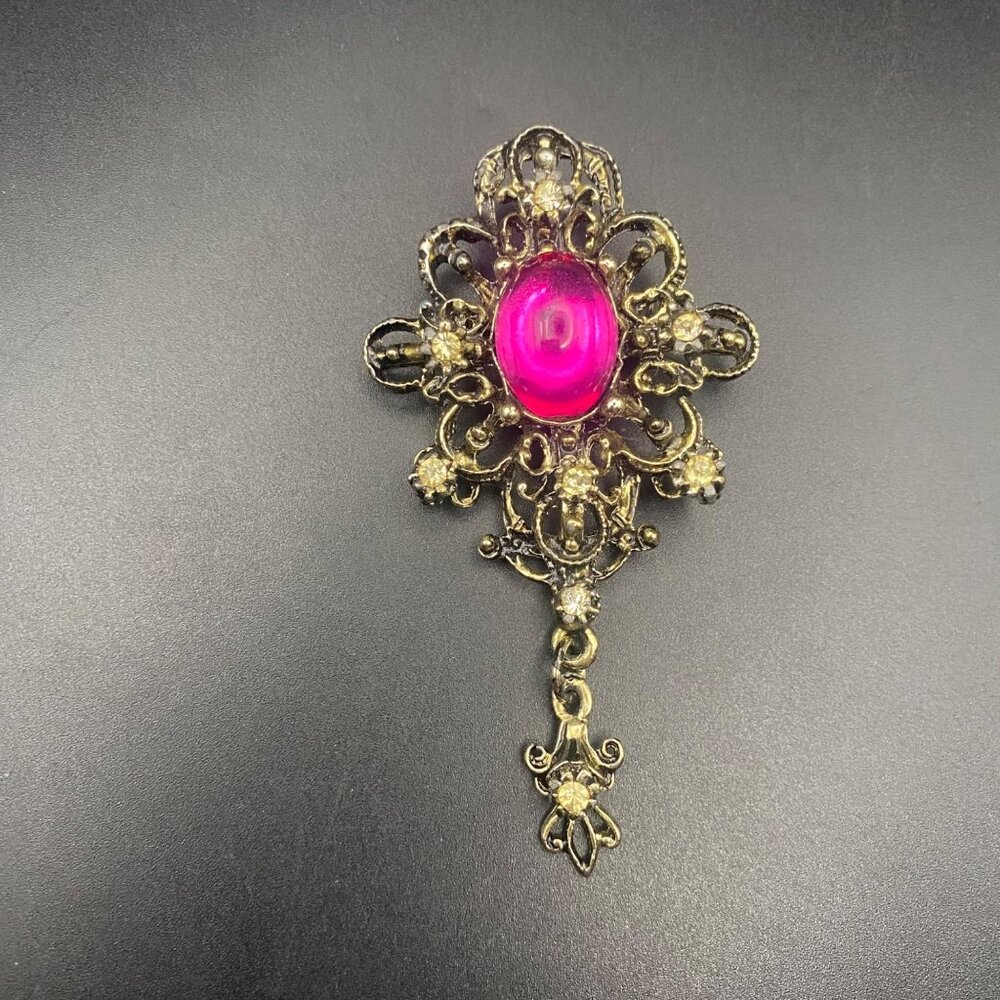 Vintage Antique Gold Tone Brooch Hot Pink Glass Stone Floral Filigree Drop